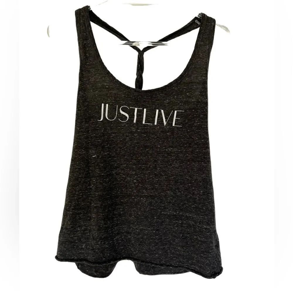 “Just Live” Heather Gray Braided Racerback Tank Top, Small/Medium